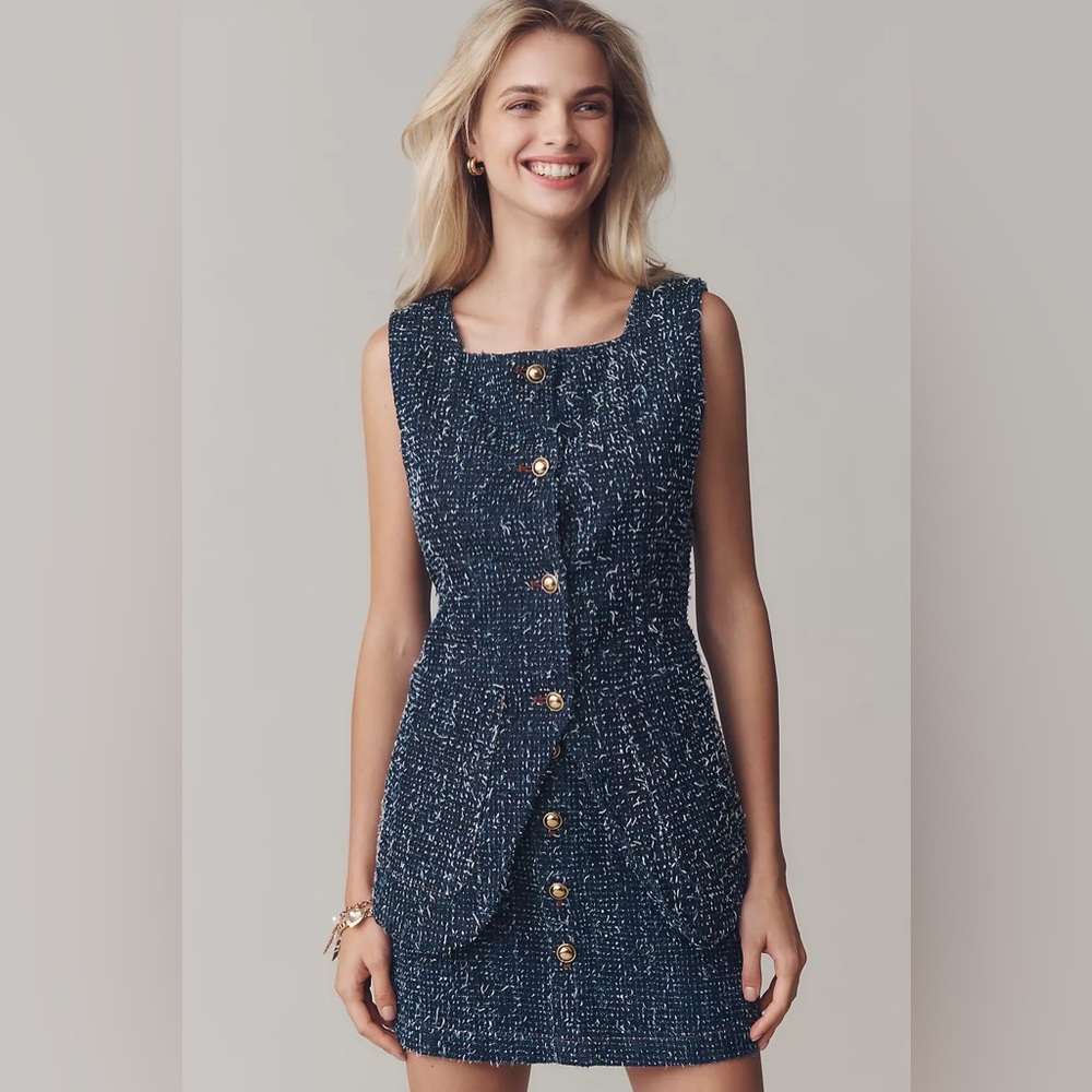 Anthropologie Navy Tweed Button-Front Sleeveless Vest Dress
